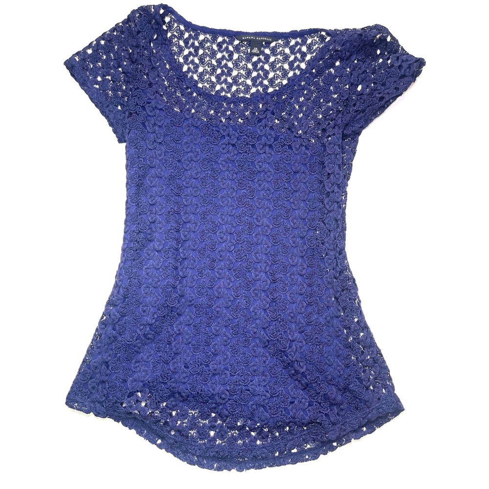 Banana Republic Womens XS Royal Blue Crochet Lace Short Sleeve Scoop Neck Top